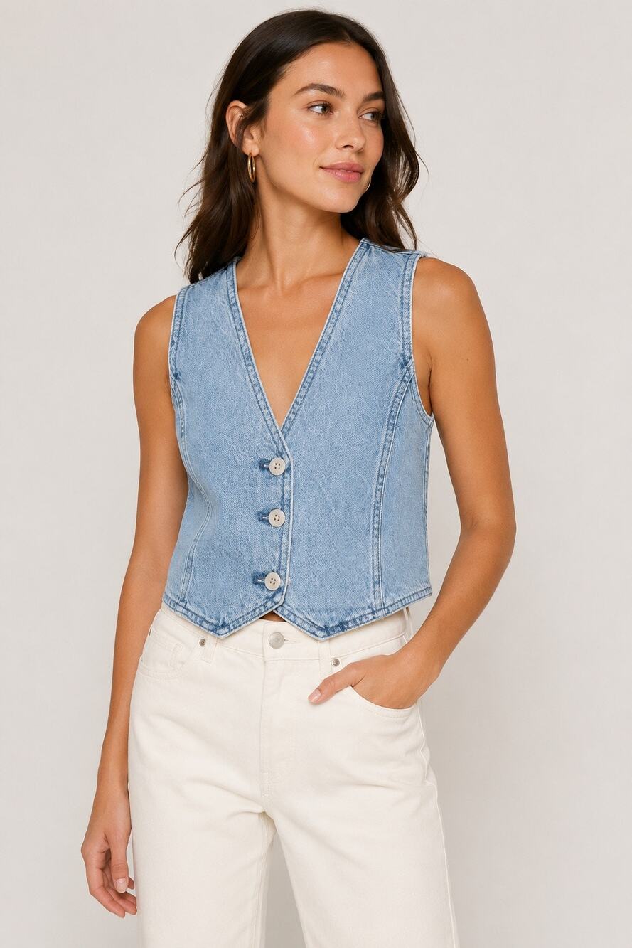 Madewell Light Wash Denim Vest Size 4 Button Front Hemp Cotton Blend